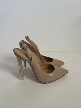 Casadei Beige Patent Slingback Pumps with Clear Heel